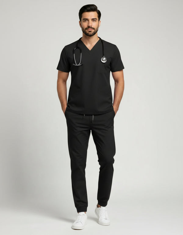 Mens Cotton Black V-Neck Scrub Set