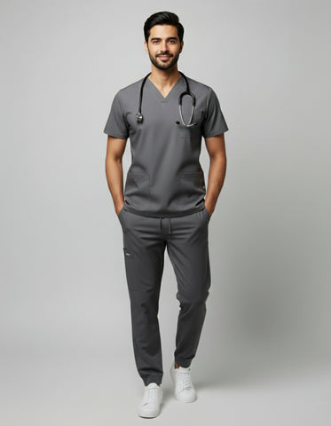 Mens Cotton Gray V-Neck Scrub