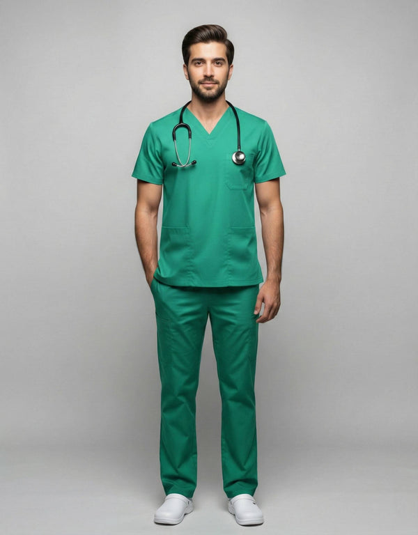 Mens Cotton Green V-Neck Scrub Set