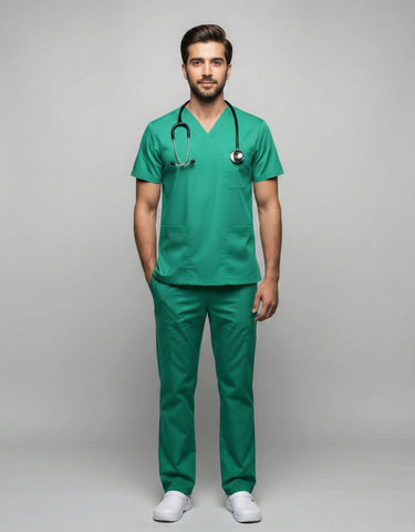 Mens Cotton Green V-Neck Scrub Set