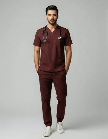 Mens Cotton Maroon V-Neck Scrub Set