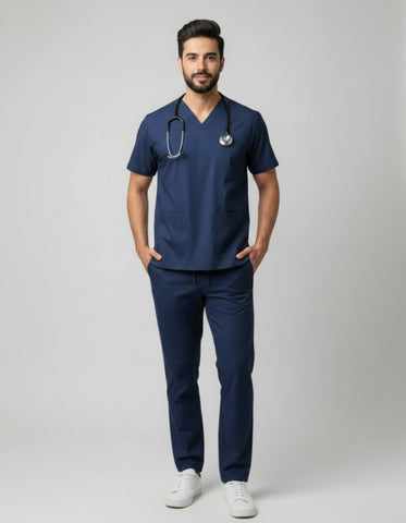 Mens Cotton Navy Blue V-Neck Scrub Set