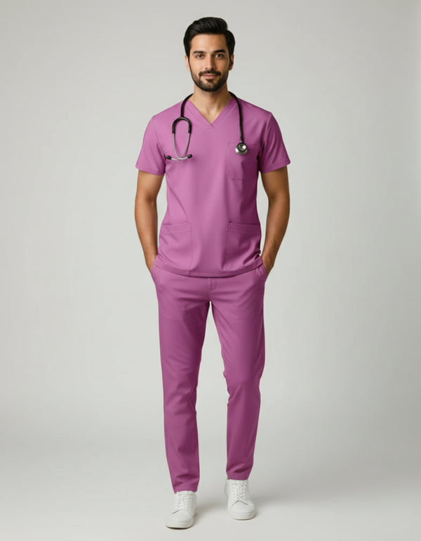 Mens Cotton Pink V-Neck Scrub Set