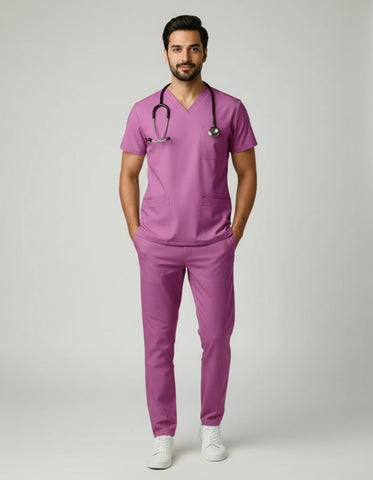 Mens Cotton Pink V-Neck Scrub Set