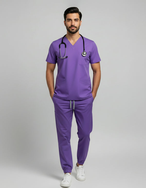 Mens Cotton Purple V-Neck Scrub Set