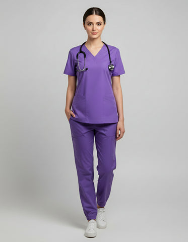 Womens Cotton Purple V-Neck Scrub Set