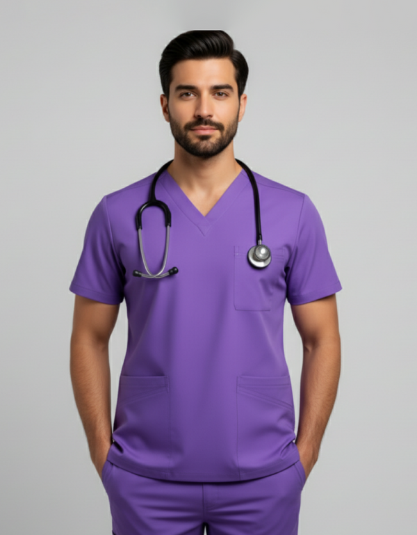 Mens Cotton Purple V-Neck Scrub
