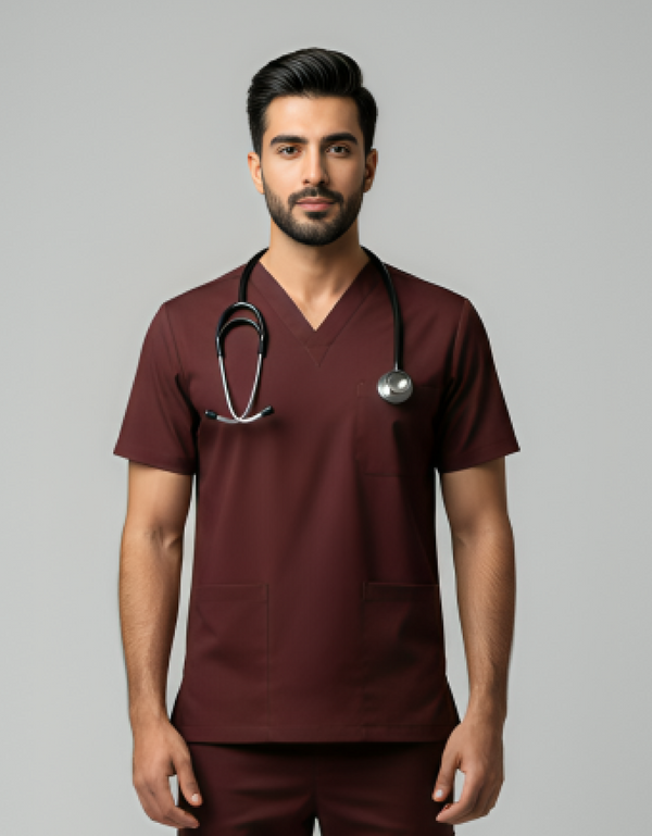 Mens Cotton Maroon V-Neck Scrub
