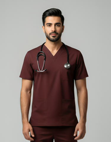 Mens Cotton Maroon V-Neck Scrub