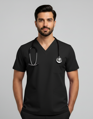 Mens Cotton Black V-Neck Scrub