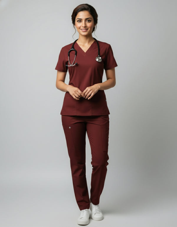 Womens Cotton Maroon V-Neck Scrub Set