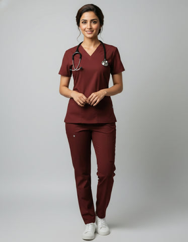 Womens Cotton Maroon V-Neck Scrub Set