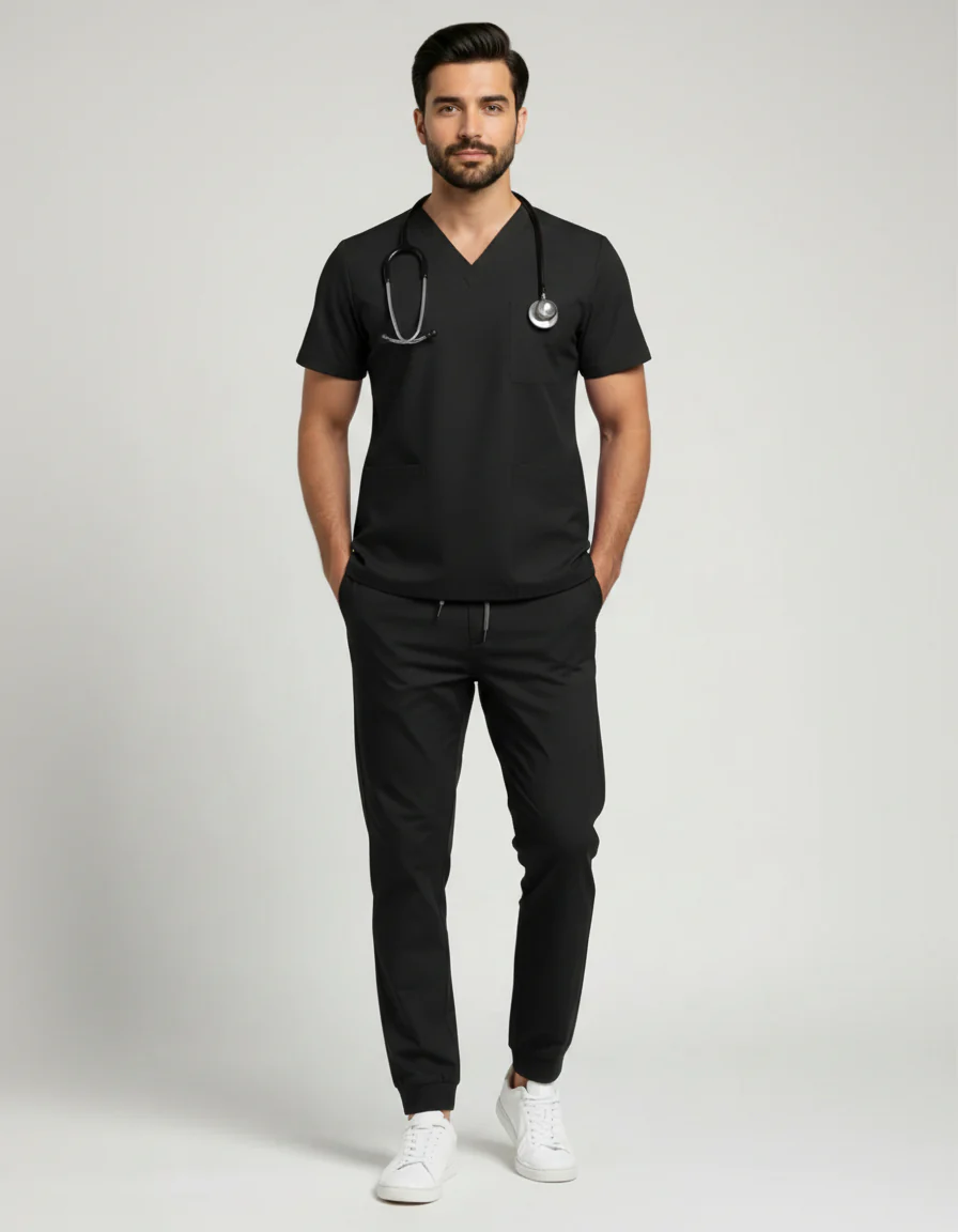 Black Mens Cotton Black V-Neck Scrub Set - Image 1