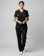 Womens Cotton Black V-Neck Scrub Set