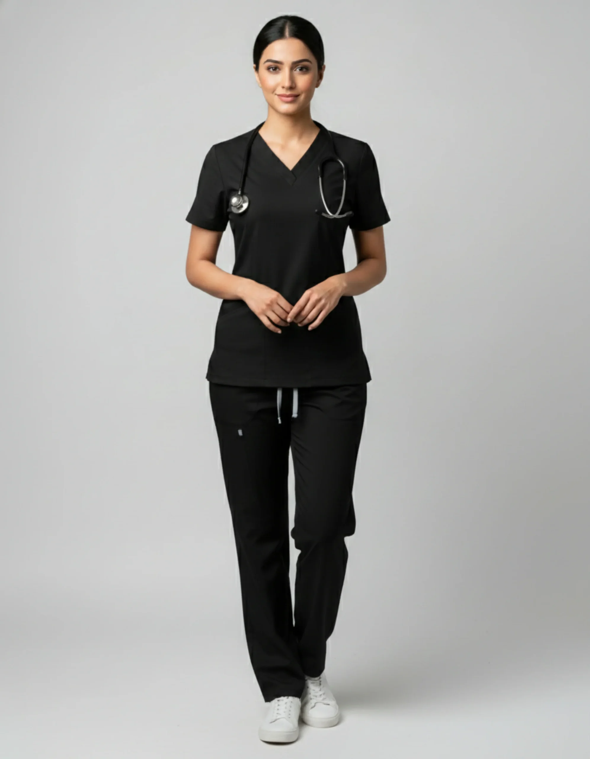 Black_210abd04-e8f2-4532-b1f3-0099119702bd Womens Cotton Black V-Neck Scrub Set - Image 1