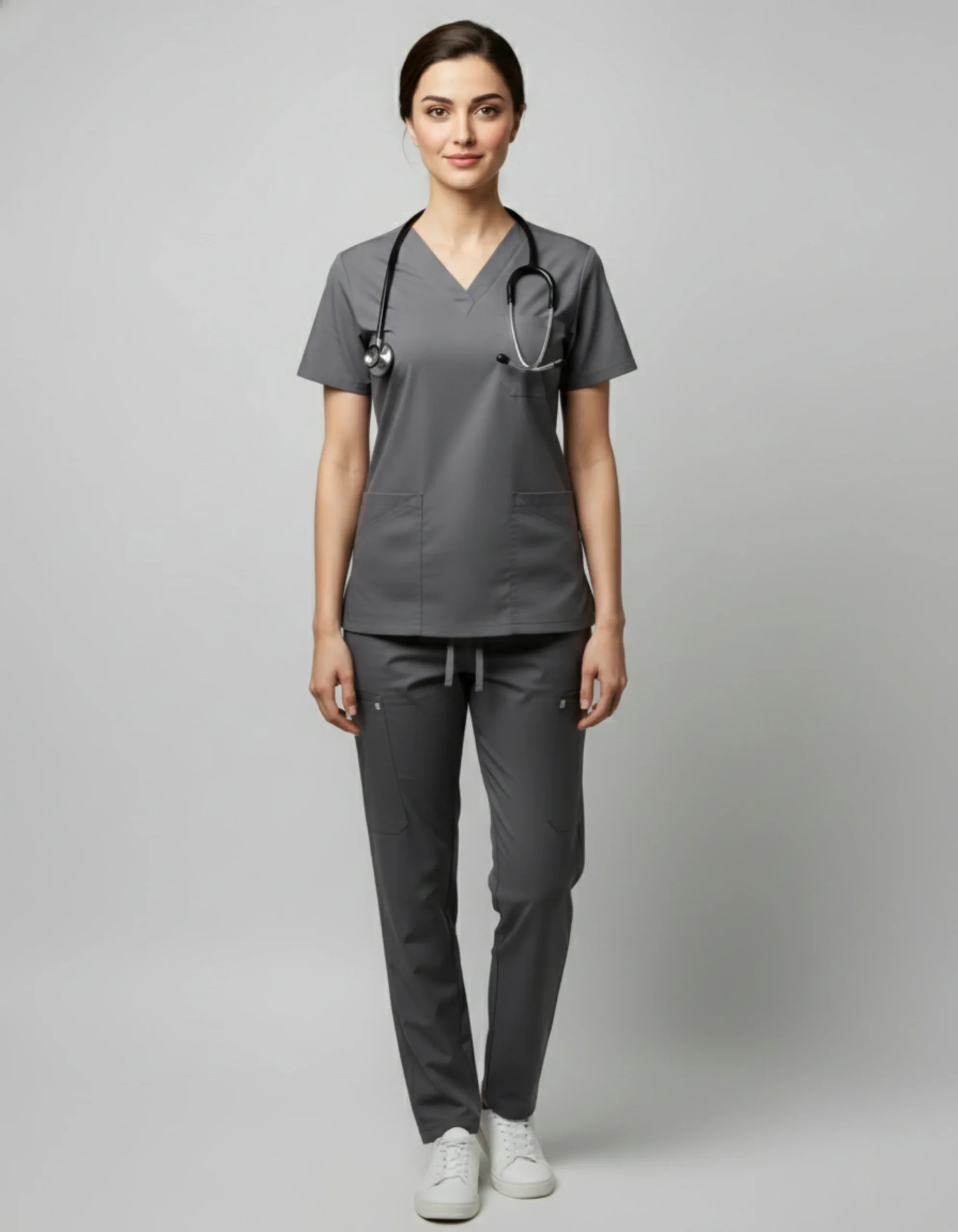 Gray_a5ee7d33-547c-4404-9071-73673ef56f13 Womens Cotton Gray V-Neck Scrub Set - Image 1