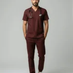 Mens Cotton Maroon V-Neck Scrub Set