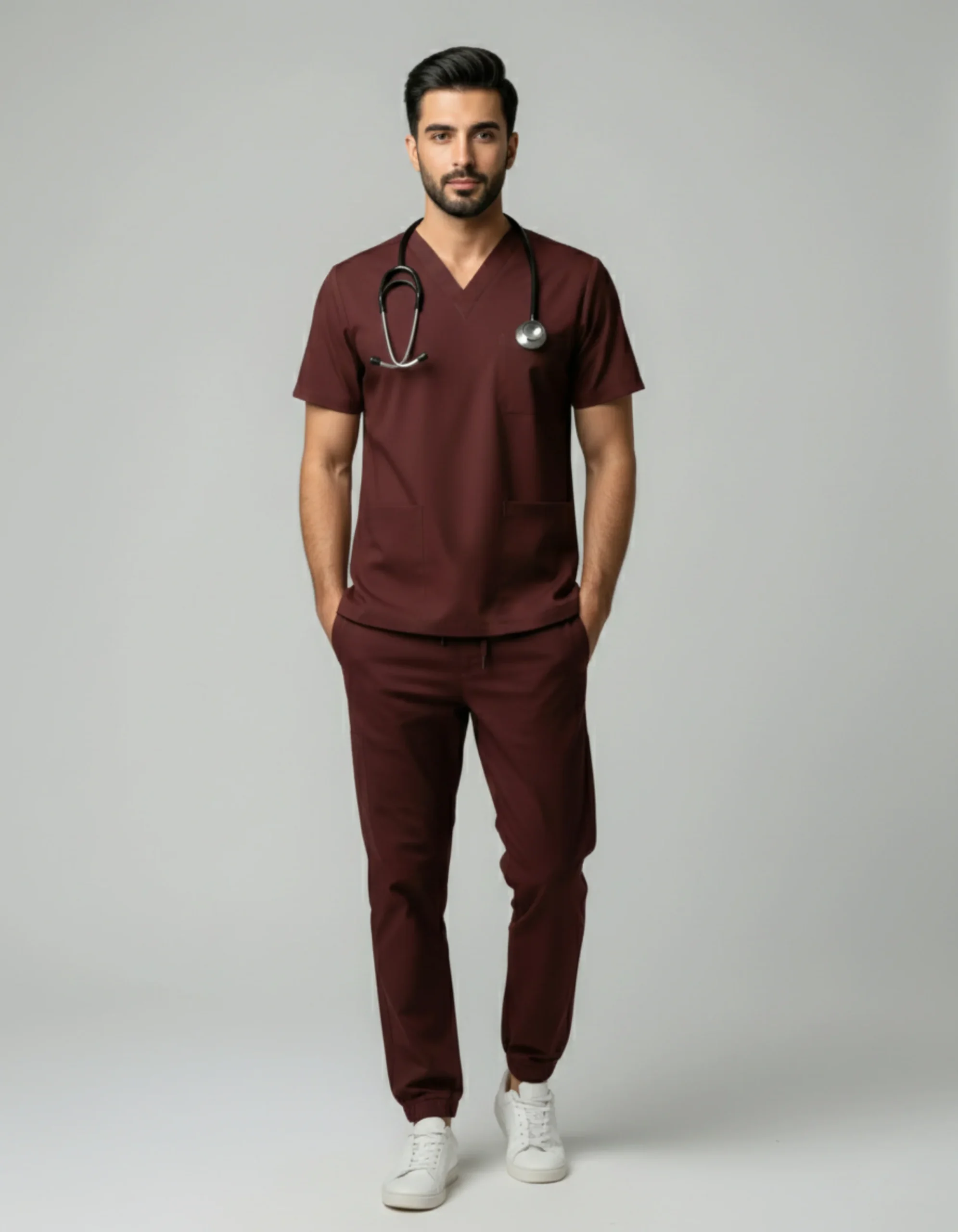 MAroon Mens Cotton Maroon V-Neck Scrub Set - Image 1