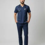Mens Cotton Navy Blue V-Neck Scrub Set