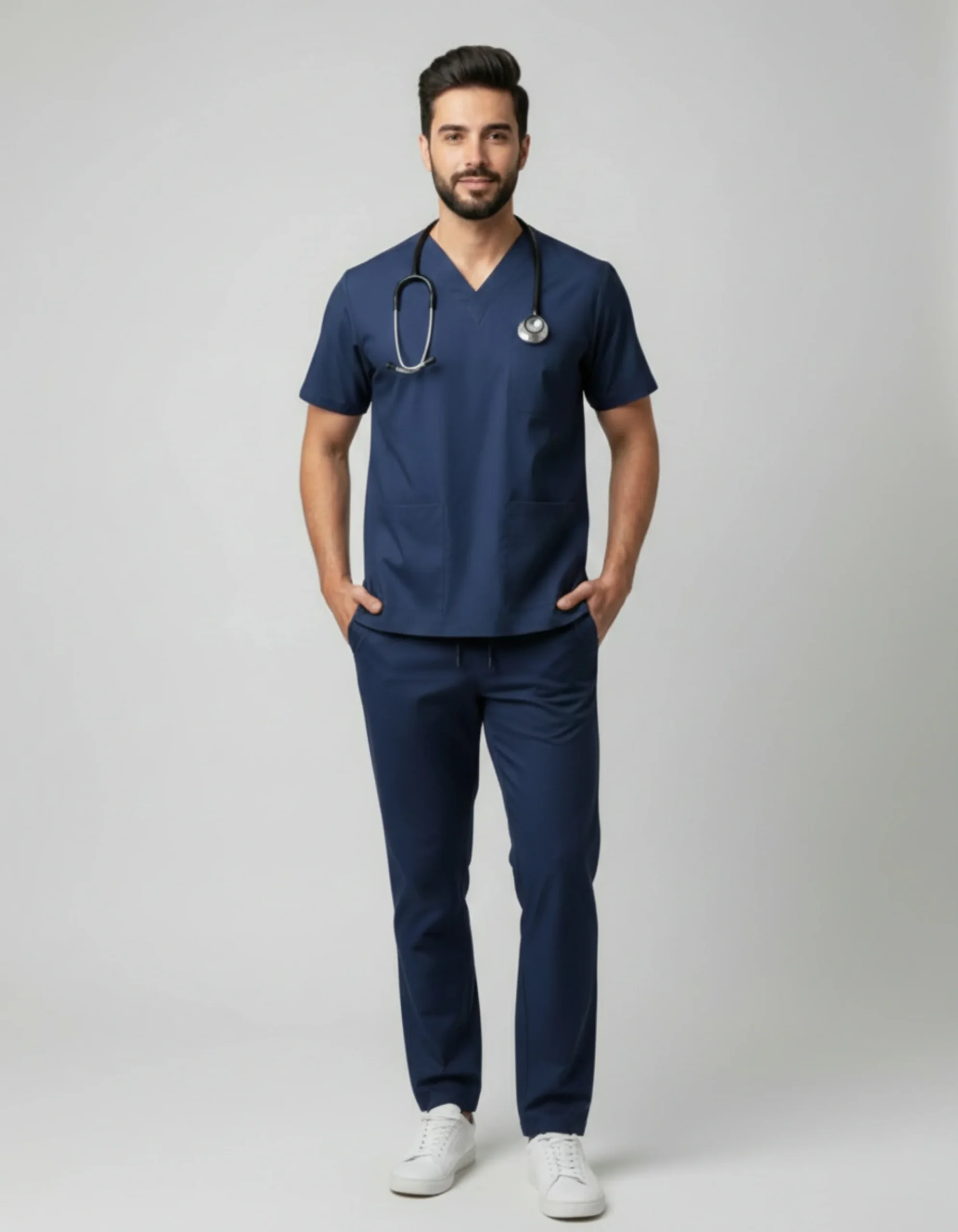 Navy Mens Cotton Navy Blue V-Neck Scrub Set - Image 1