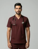 Mens Cotton Maroon V-Neck Scrub Set - Image 2