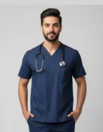 Mens Cotton Navy Blue V-Neck Scrub Set - Image 3